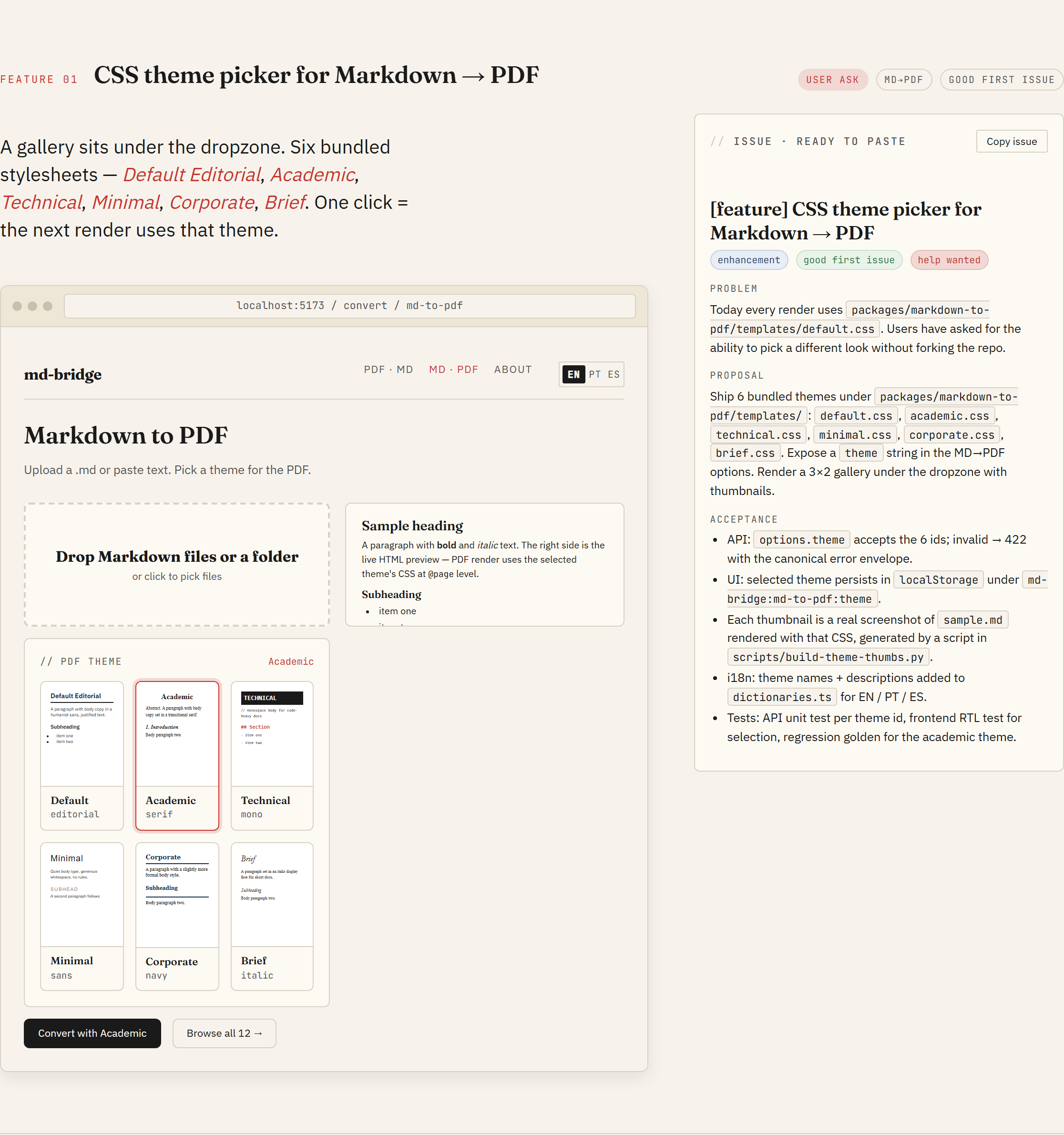 F1 mockup: CSS theme picker for Markdown to PDF