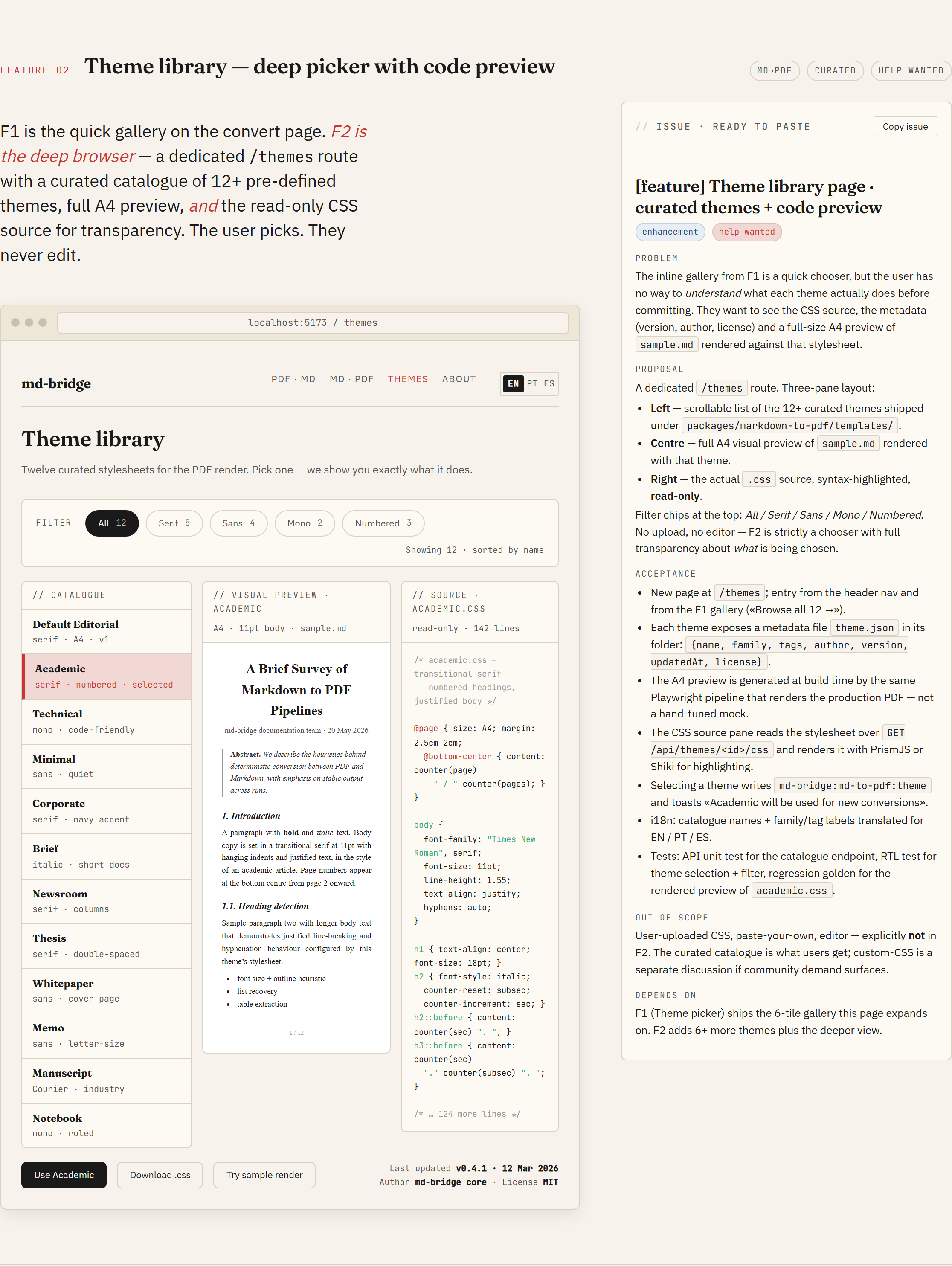 F2 mockup: theme library with three-pane catalogue, A4 preview, CSS source