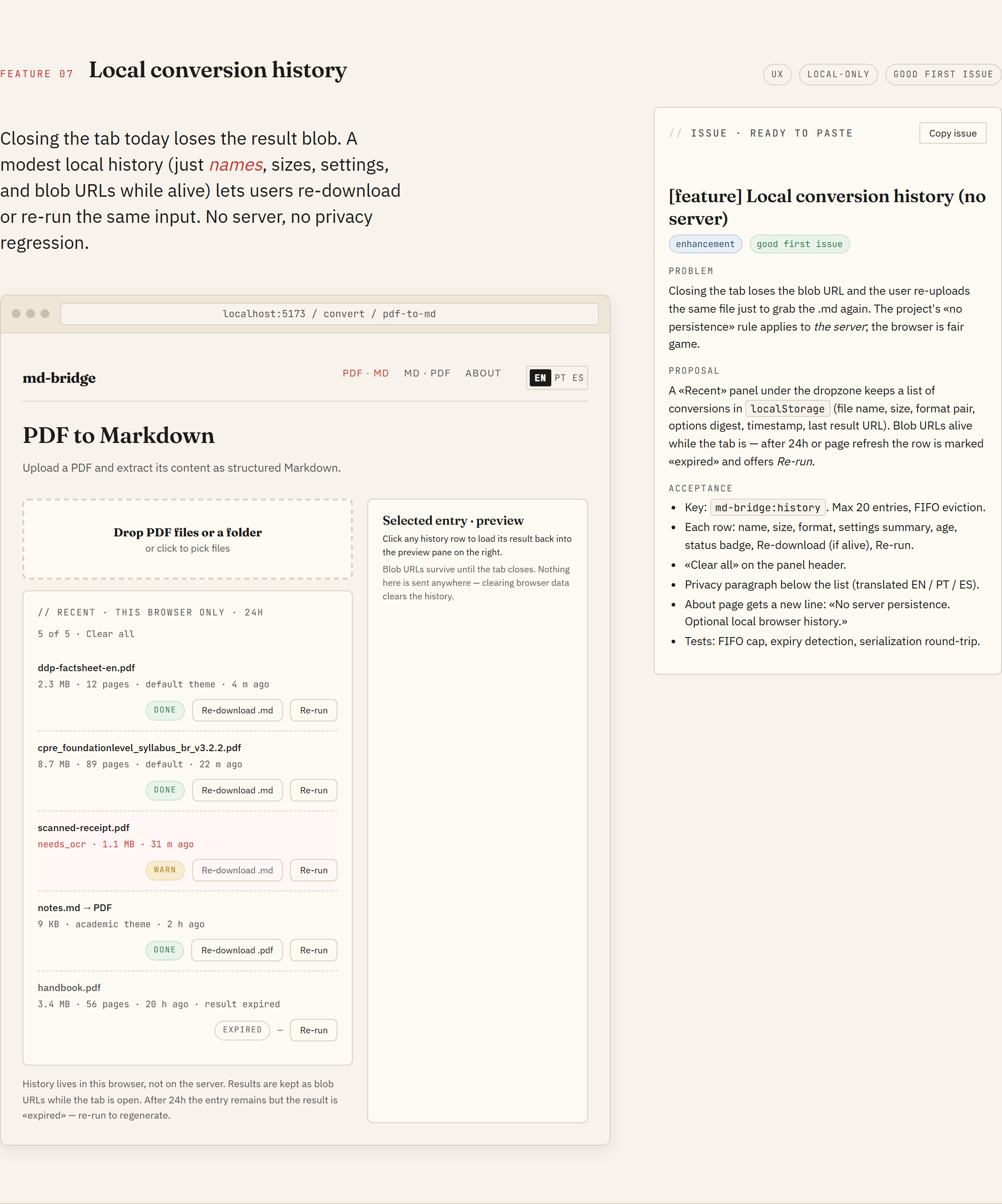 F7 mockup: local conversion history in localStorage