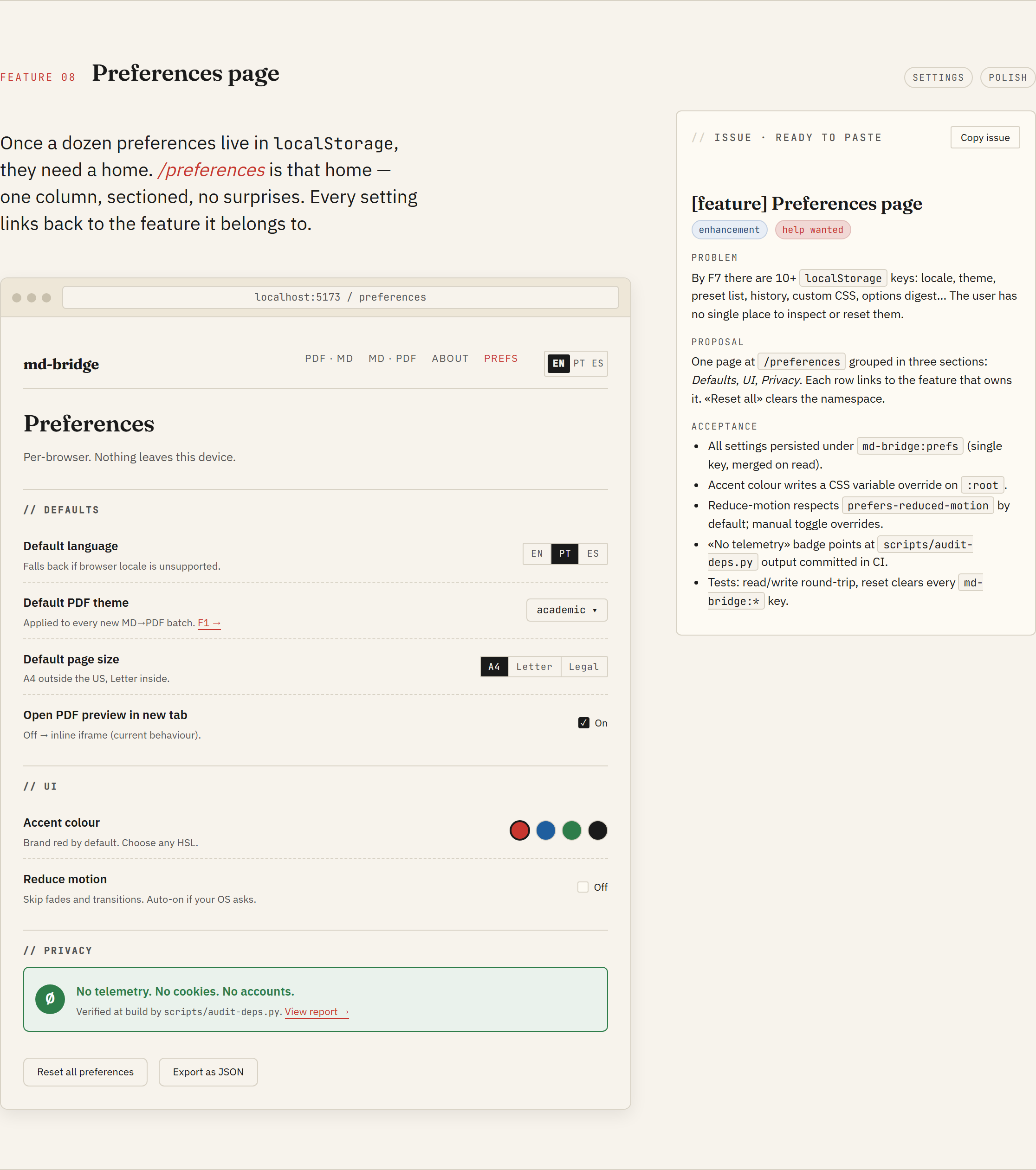 F8 mockup: preferences page grouped in Defaults, UI, Privacy